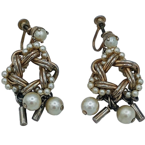 Barclay Pearl Silver tone Dangle Drop Clip On Earrings Mid century Classic - Picture 6 of 11